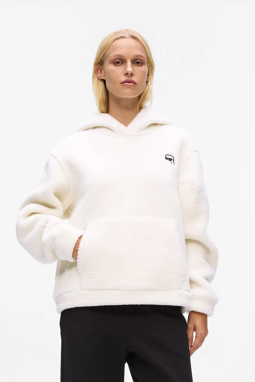 Mikina Karl Lagerfeld IKON dámská, béžová barva, s kapucí, hladká, A4W20047