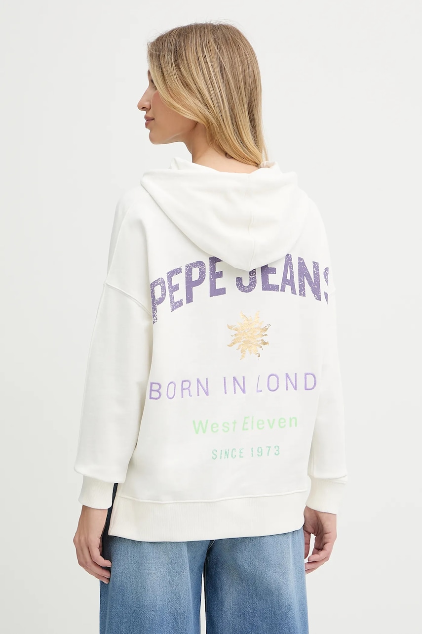 Mikina Pepe Jeans dámská, bílá barva, s kapucí, s potiskem, PL581526