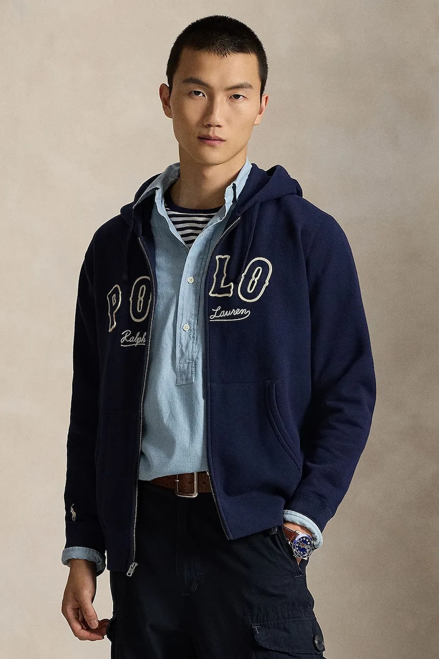 Mikina Polo Ralph Lauren pánská, tmavomodrá barva, s kapucí, s aplikací, 710P04874