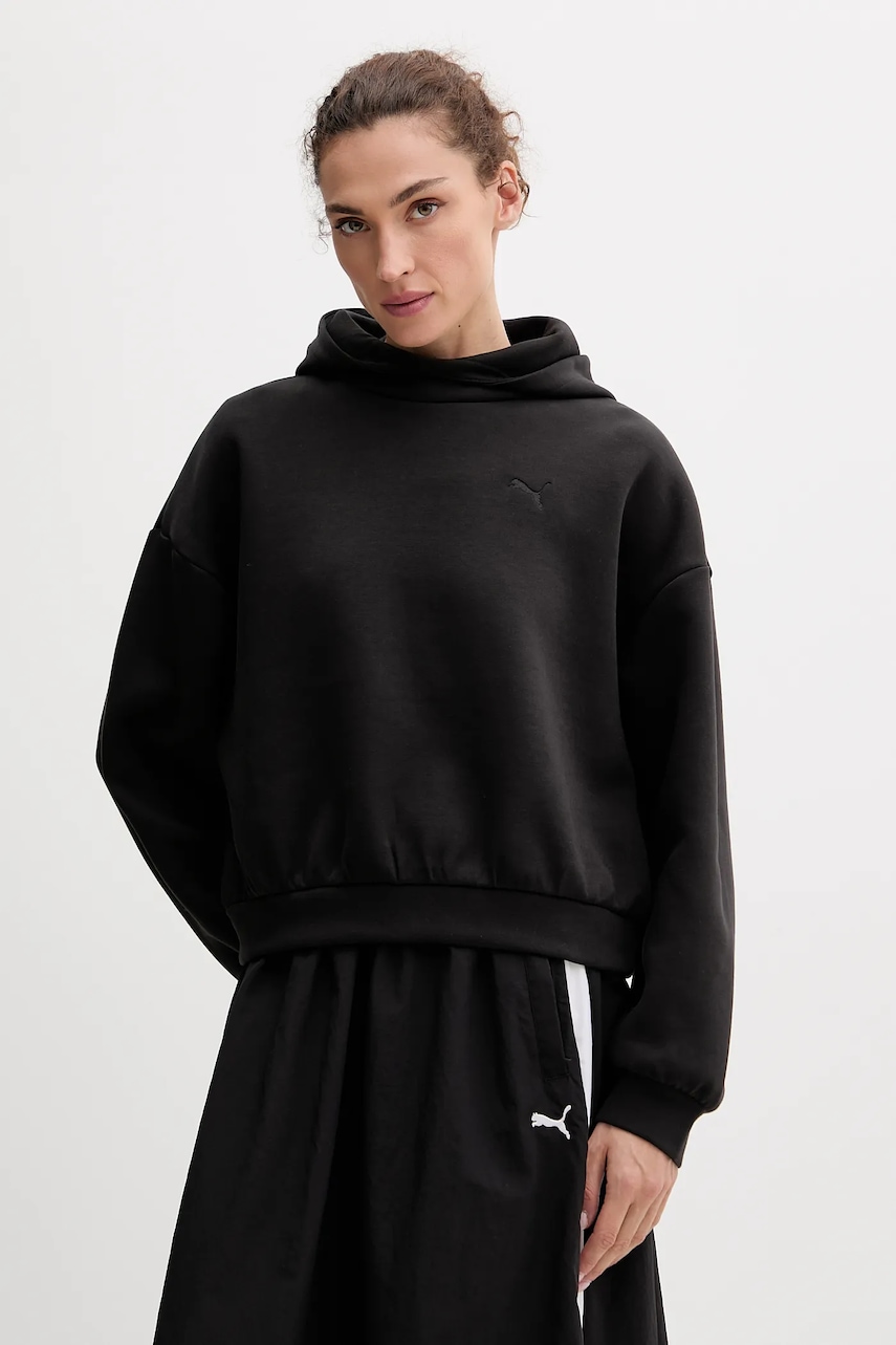 Mikina Puma dámská, černá barva, s kapucí, hladká, 632051