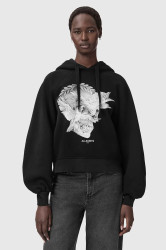 Mikina s bavlnou AllSaints černá barva, s kapucí, s potiskem, W092JD