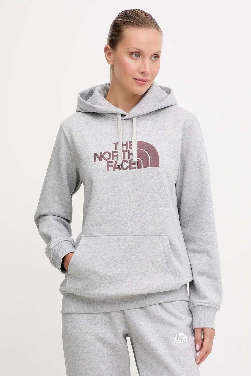Mikina The North Face Drew Peak dámská, šedá barva, s kapucí, vzorovaná, NF0A89EHFB31