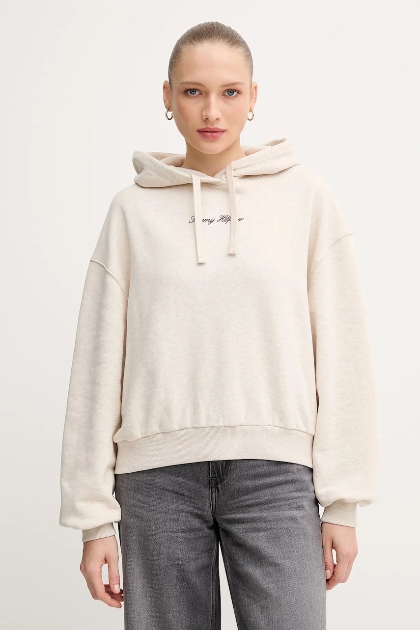Mikina Tommy Hilfiger dámská, béžová barva, s kapucí, s potiskem, WW0WW47459