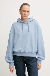 Mikina Tommy Hilfiger dámská, modrá barva, s kapucí, s potiskem, WW0WW47459