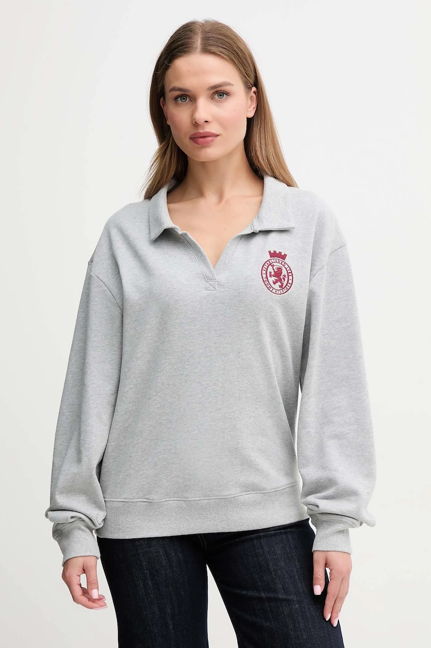 Mikina Tommy Hilfiger dámská, šedá barva, s aplikací, UW0UW06078