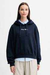 Mikina Tommy Hilfiger dámská, tmavomodrá barva, s kapucí, s potiskem, WW0WW47459