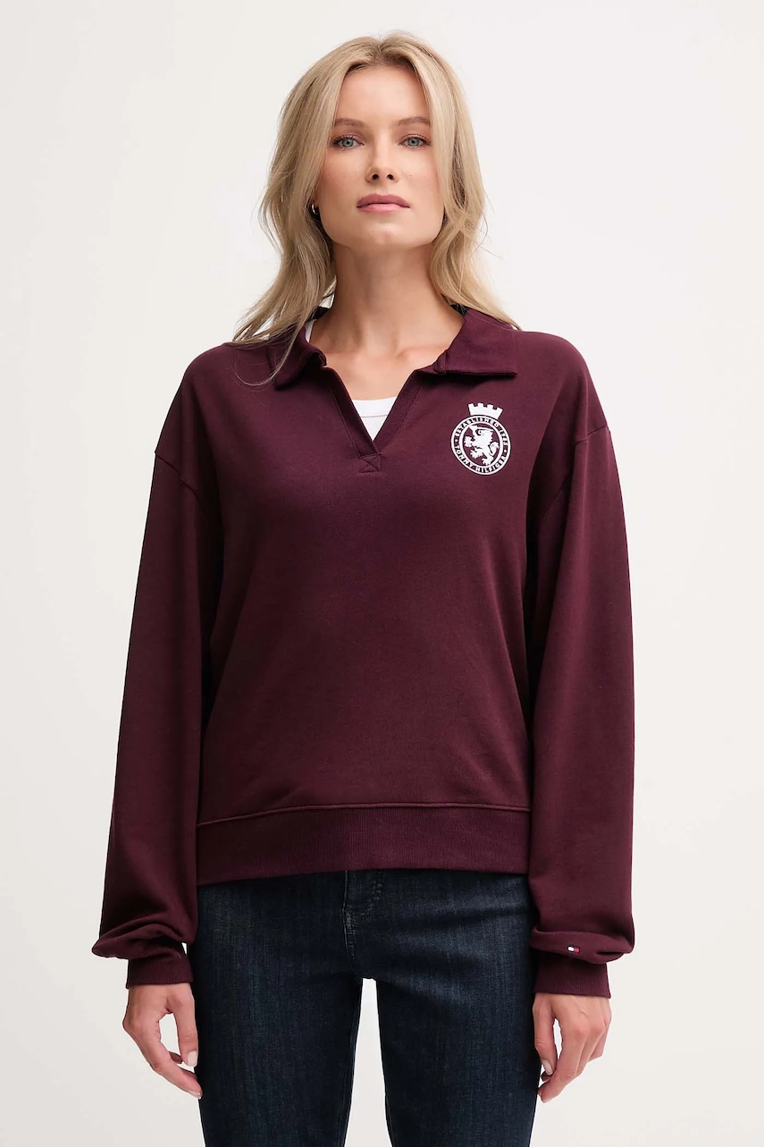 Mikina Tommy Hilfiger dámská, vínová barva, s aplikací, UW0UW06078