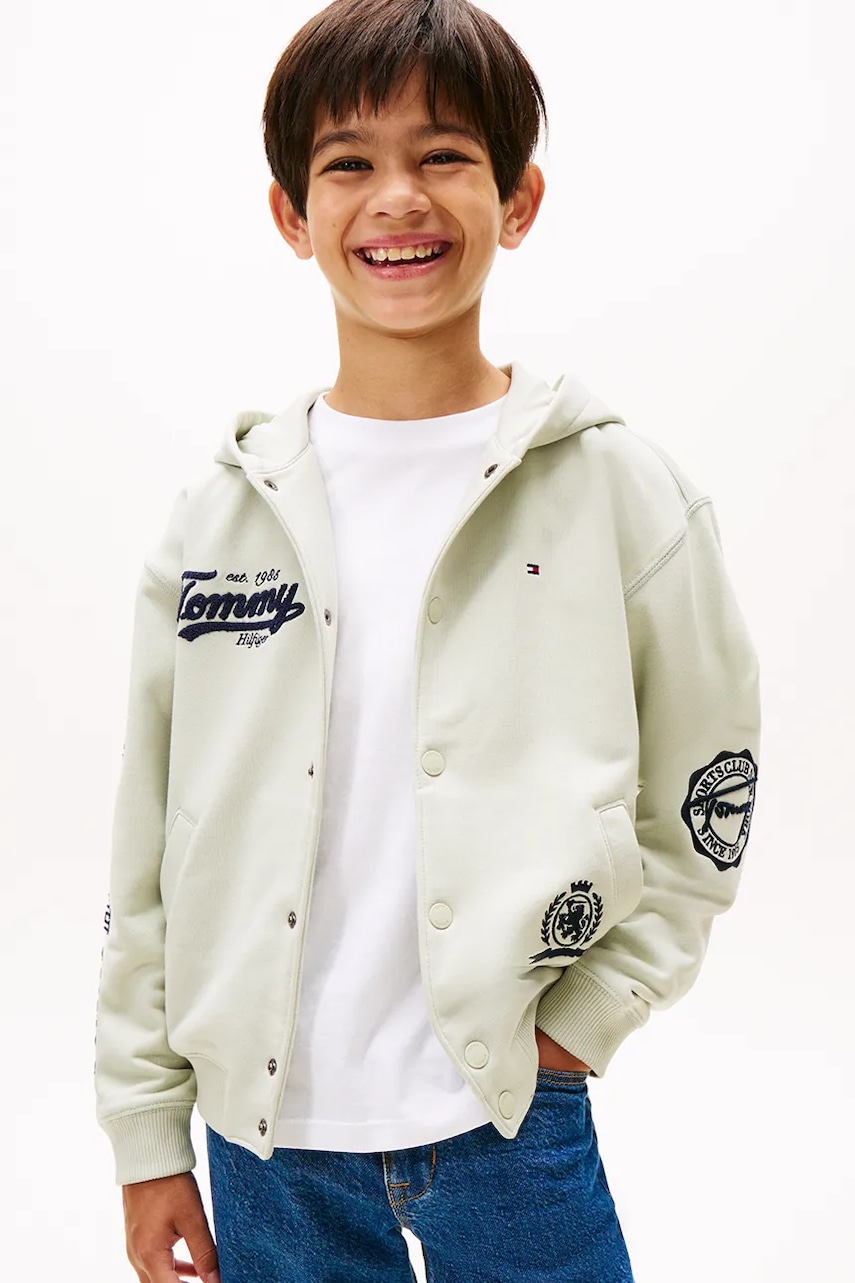 Mikina Tommy Hilfiger tyrkysová barva, s kapucí, KB0KB09752