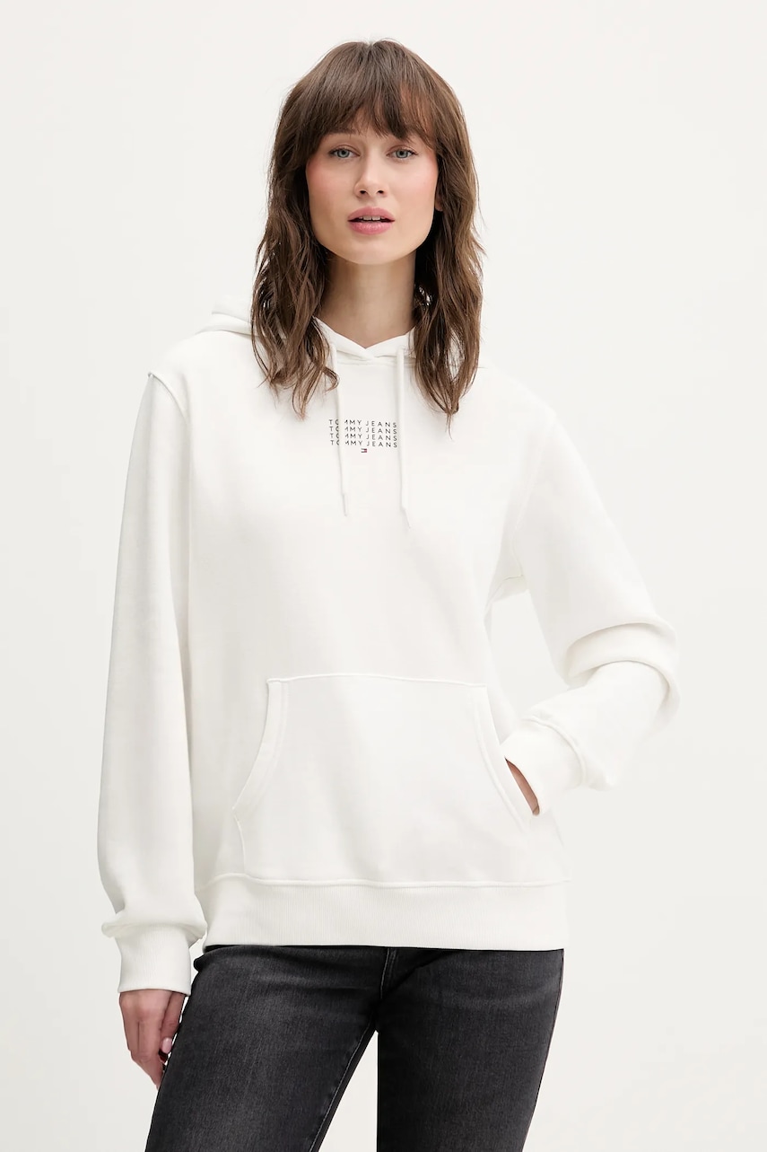 Mikina Tommy Jeans dámská, bílá barva, s kapucí, s potiskem, DW0DW22080