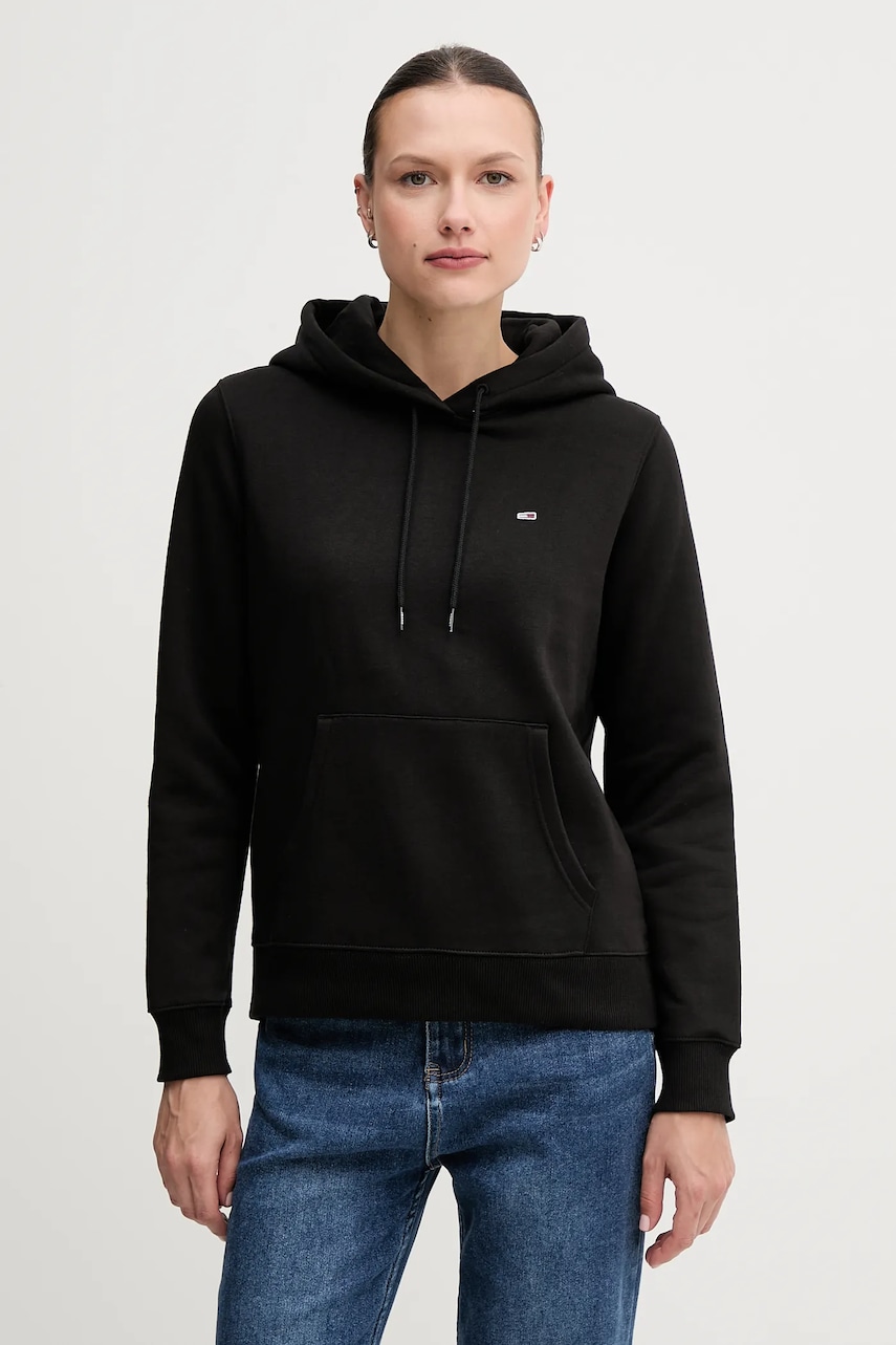 Mikina Tommy Jeans dámská, černá barva, s kapucí, hladká, DW0DW19958
