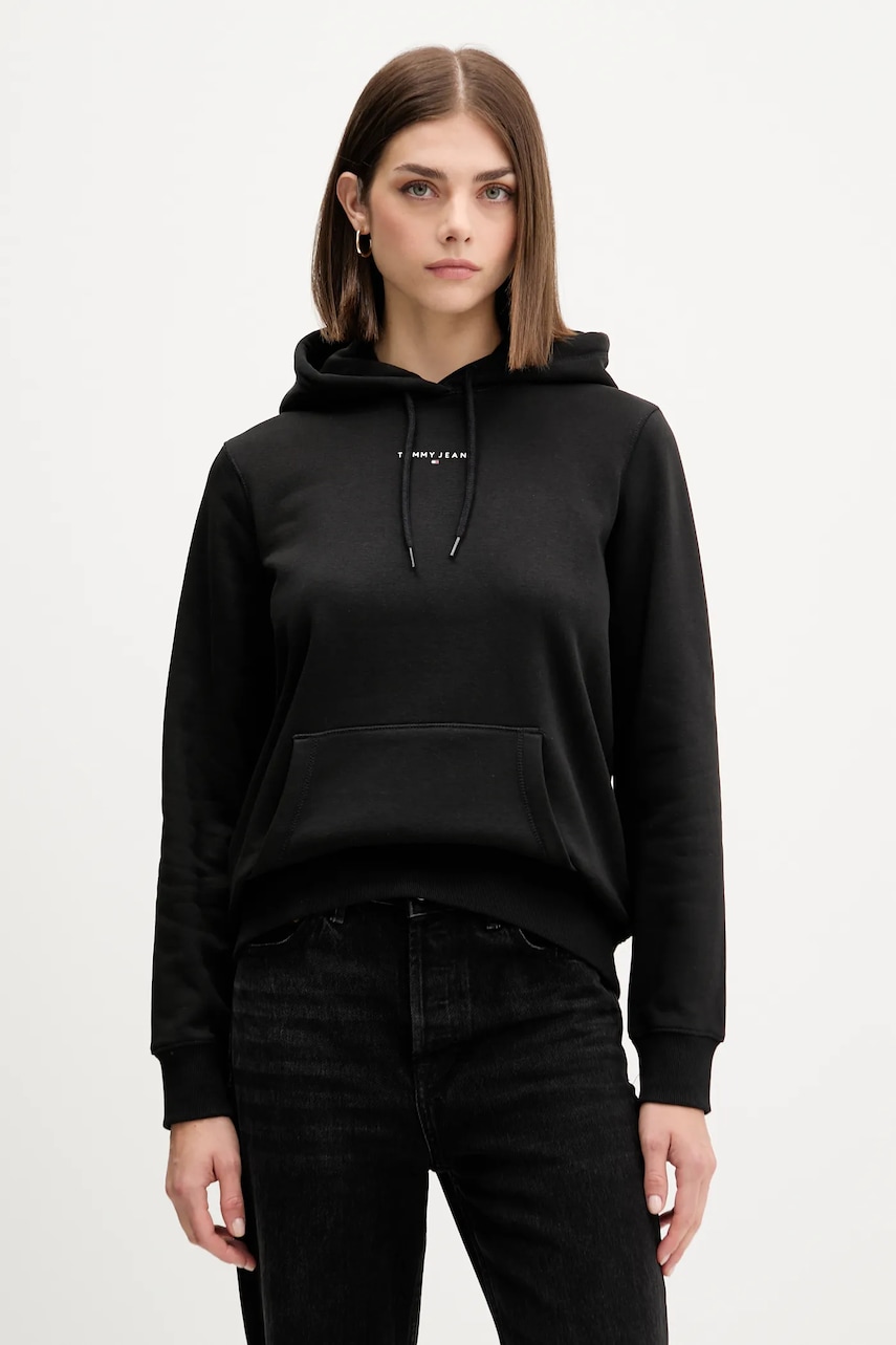 Mikina Tommy Jeans dámská, černá barva, s kapucí, s potiskem, DW0DW21963