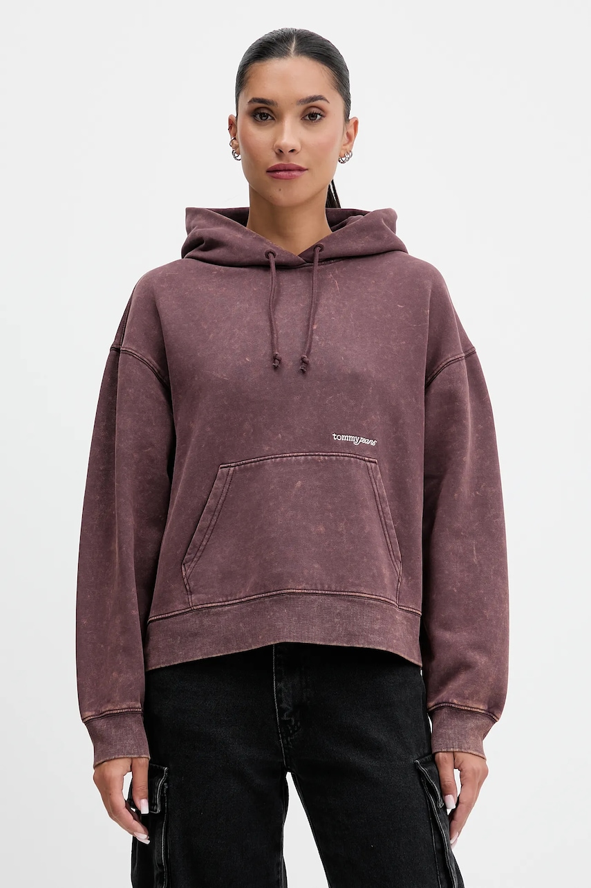 Mikina Tommy Jeans dámská, hnědá barva, s kapucí, hladká, DW0DW21609