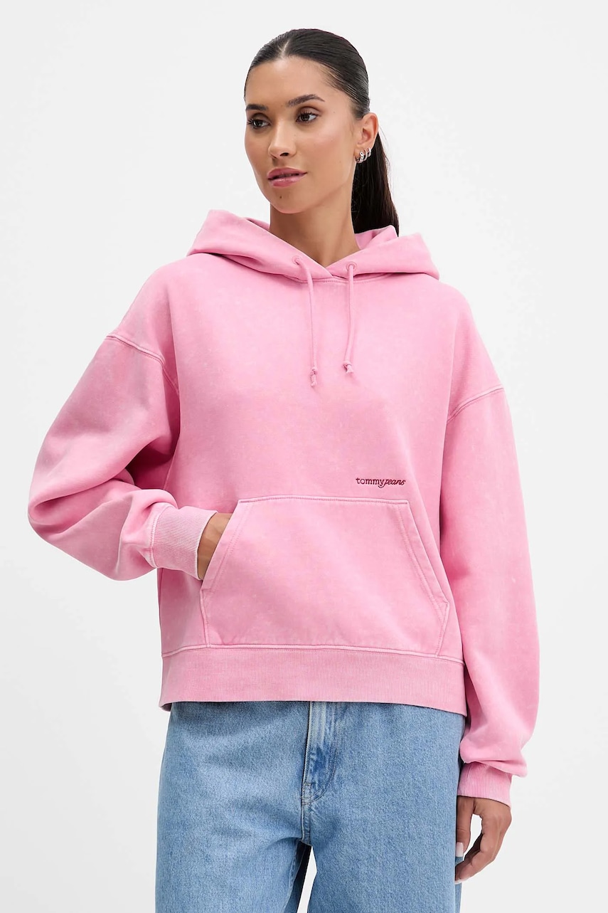 Mikina Tommy Jeans dámská, růžová barva, s kapucí, hladká, DW0DW21609