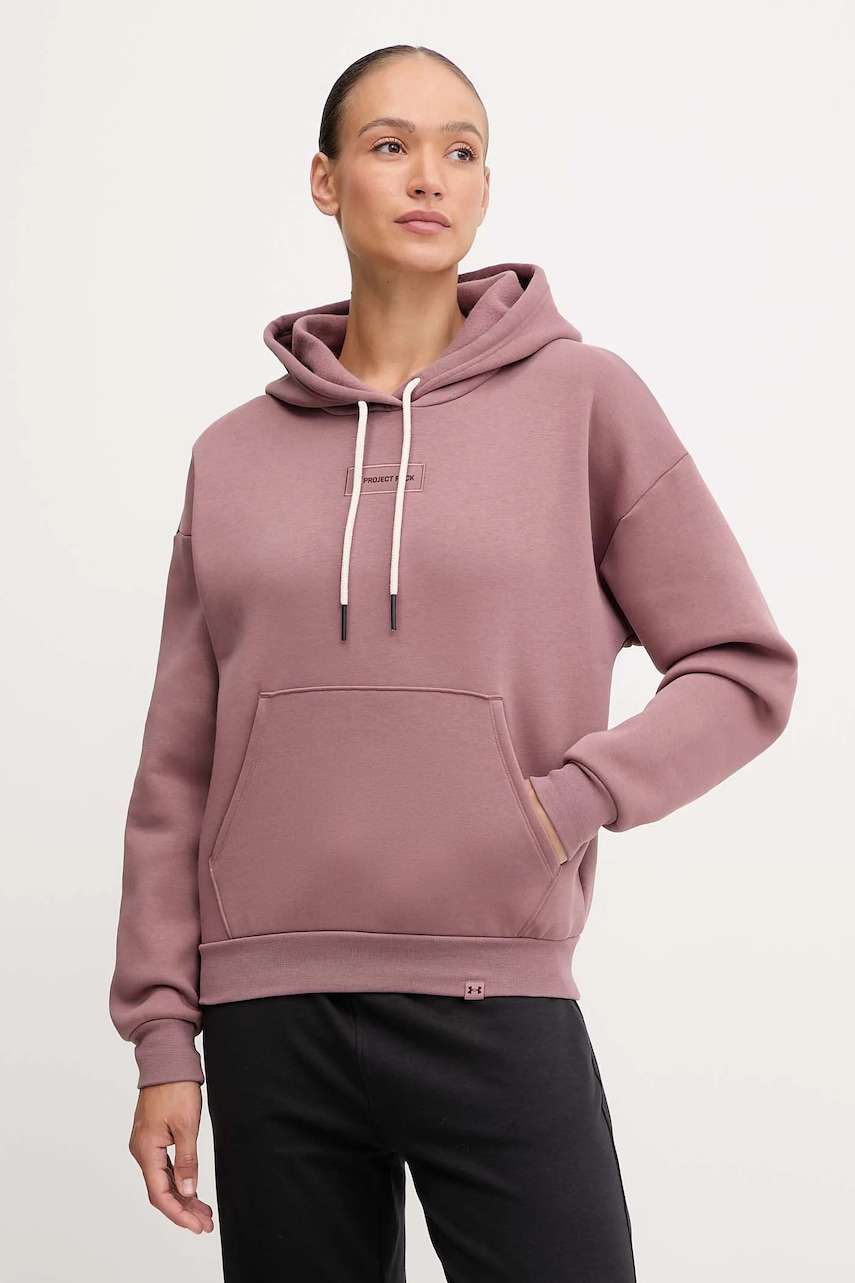 Mikina Under Armour Project Rock dámská, hnědá barva, s kapucí, s aplikací, 6005087