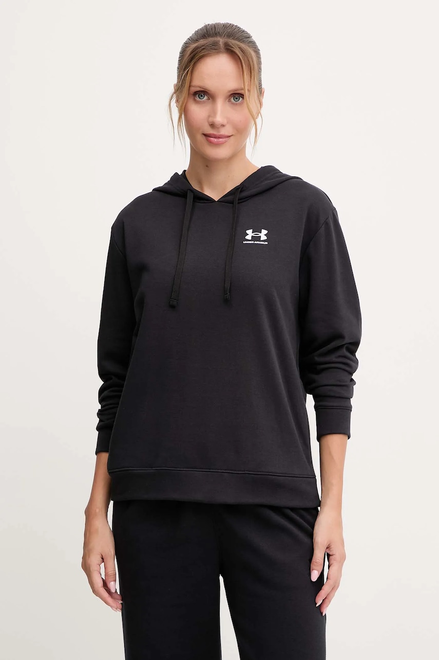 Mikina Under Armour UA Rival dámská, černá barva, s kapucí, s potiskem, 6005511
