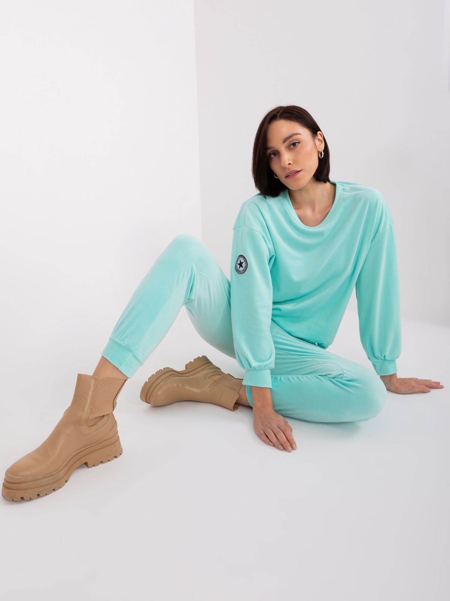 Mint sametový set s mikinou bez kapuce