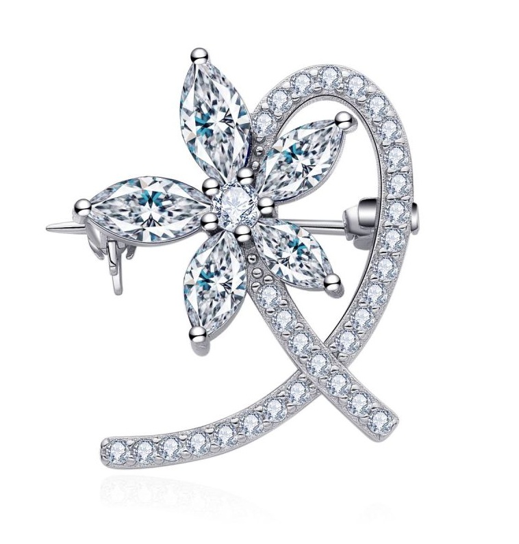 MOISS Blyštivá stříbrná brož Květina se zirkony O0000008