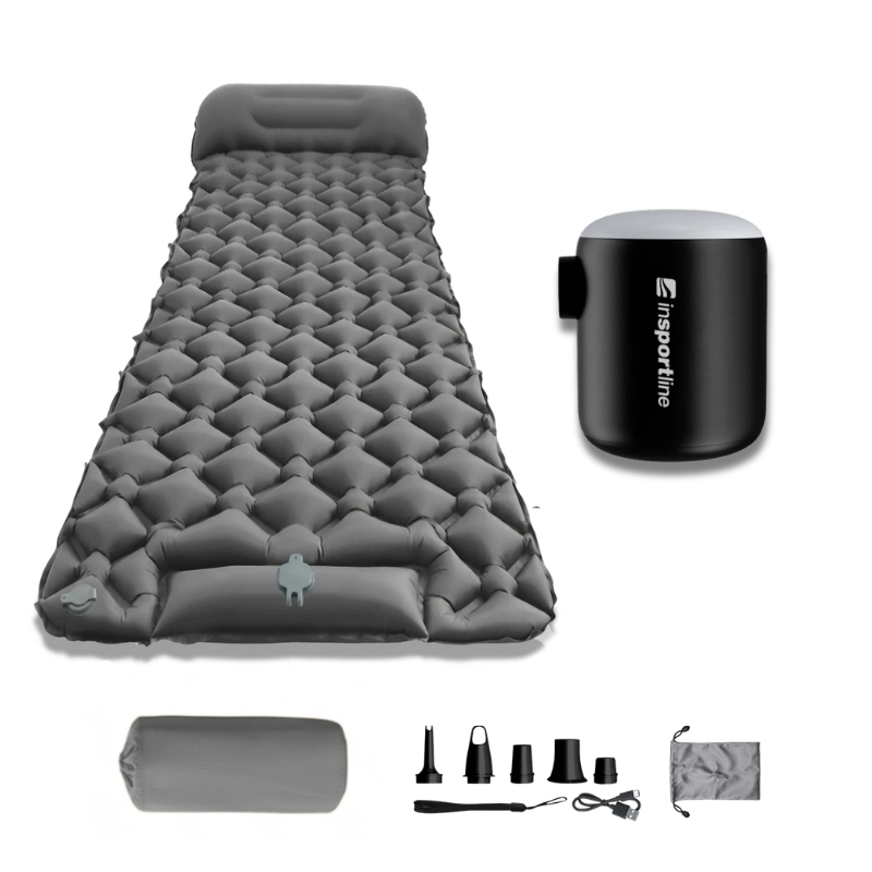 Nafukovací karimatka inSPORTline Soultea s minipumpou 190x60x6 cm šedá karimatka, černá pumpa