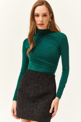 Olalook Women's Emerald Green High Collar Lycra Blouse with Gather Detail