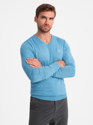 Ombre Elegant men's BASIC V-neck sweater with viscose - blue