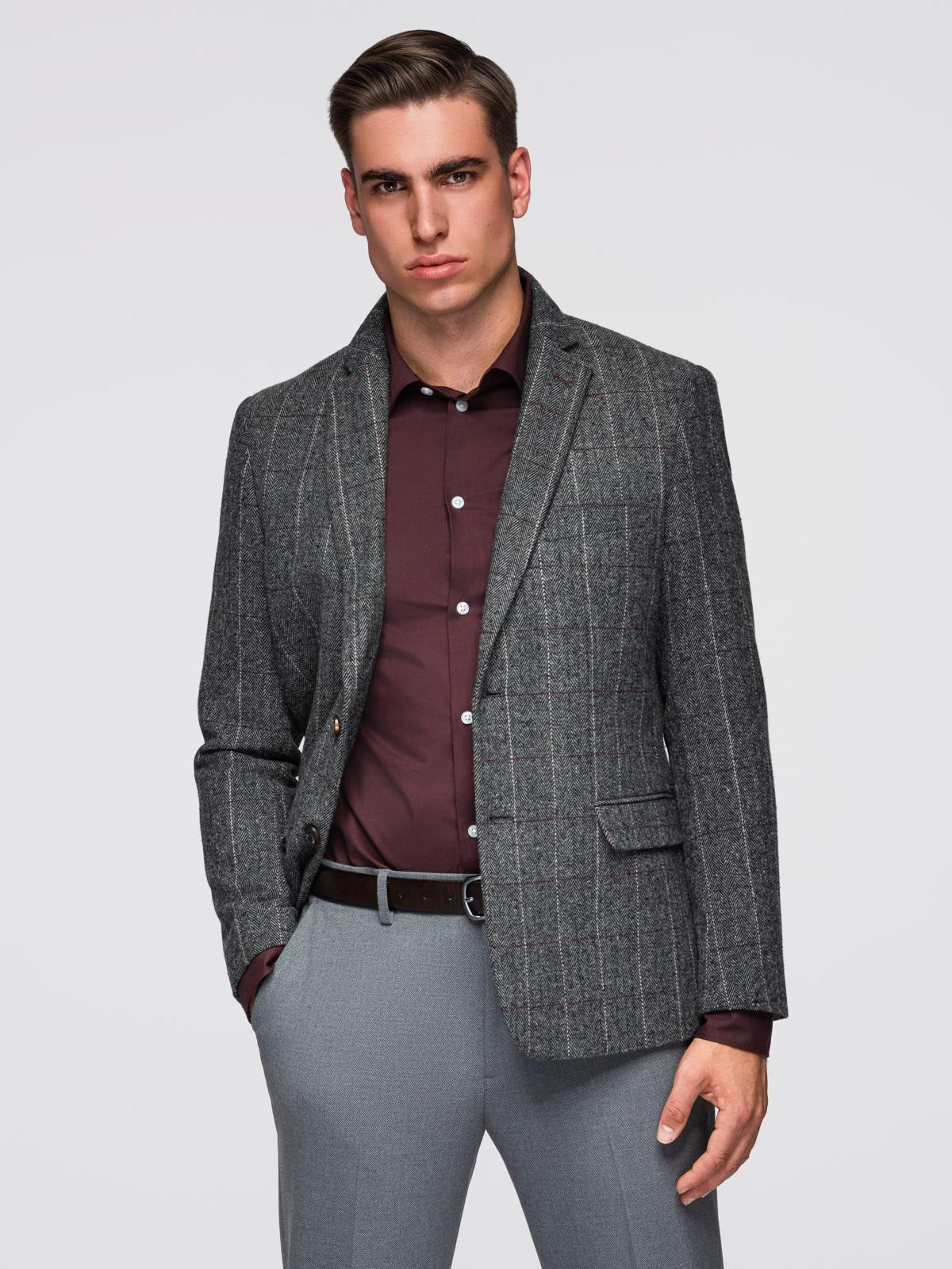 Ombre Elegant men's plaid blazer with wool blend - grey