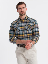 Ombre Men's checkered flannel shirt with pockets - gray-yellow