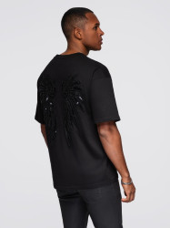 Ombre Men's cotton T-shirt with sequin wing motif on back - black