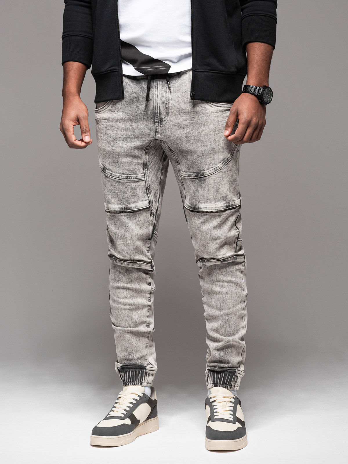 Ombre Men's denim jogger pants with rips and zippers - gray