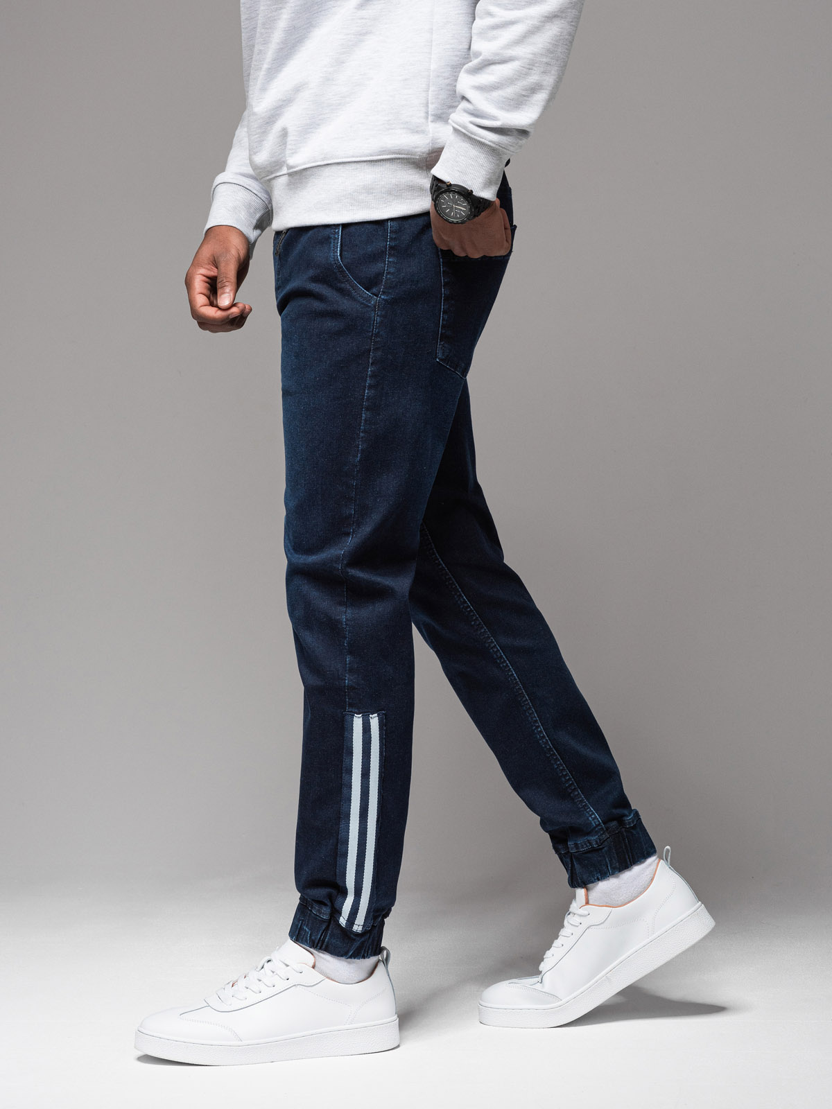 Ombre Men's denim joggers with piping - dark blue