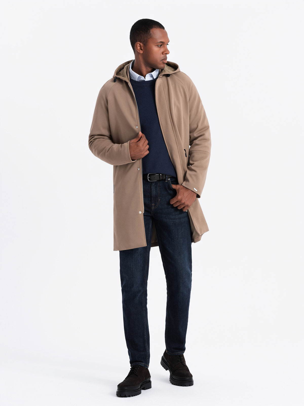 Ombre Men's hooded coat in fine stripe - coffee