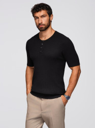 Ombre Men's knitted T-shirt with buttons at neckline - black