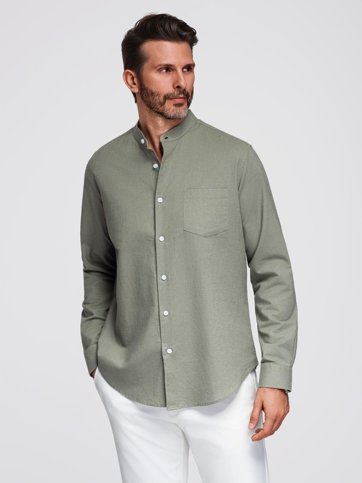 Ombre Men's linen shirt with stand-up collar and pocket REGULAR FIT - khaki