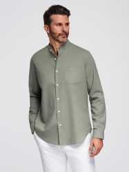 Ombre Men's linen shirt with stand-up collar and pocket REGULAR FIT - khaki