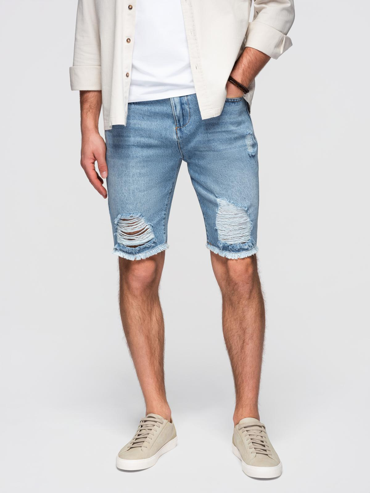 Ombre Men's short denim shorts with rips and holes - light blue