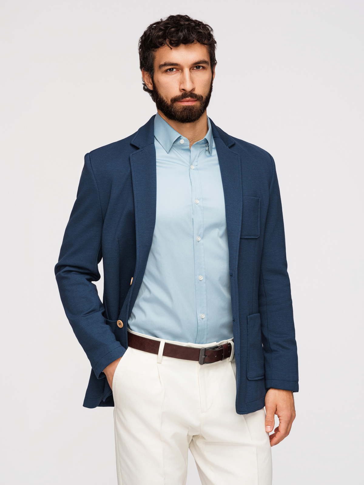 Ombre Men's SLIM knit jacket with subtle texture - dark blue