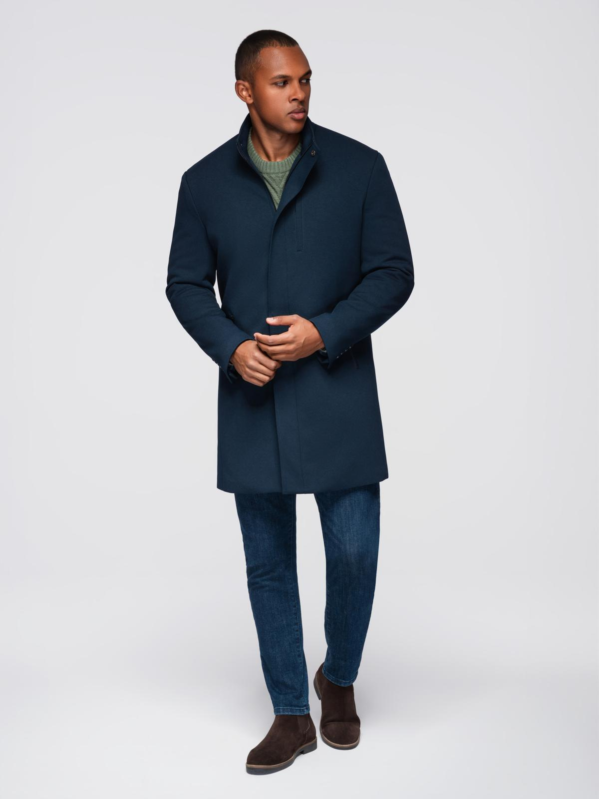 Ombre Men's tailored structured coat with high collar - navy blue