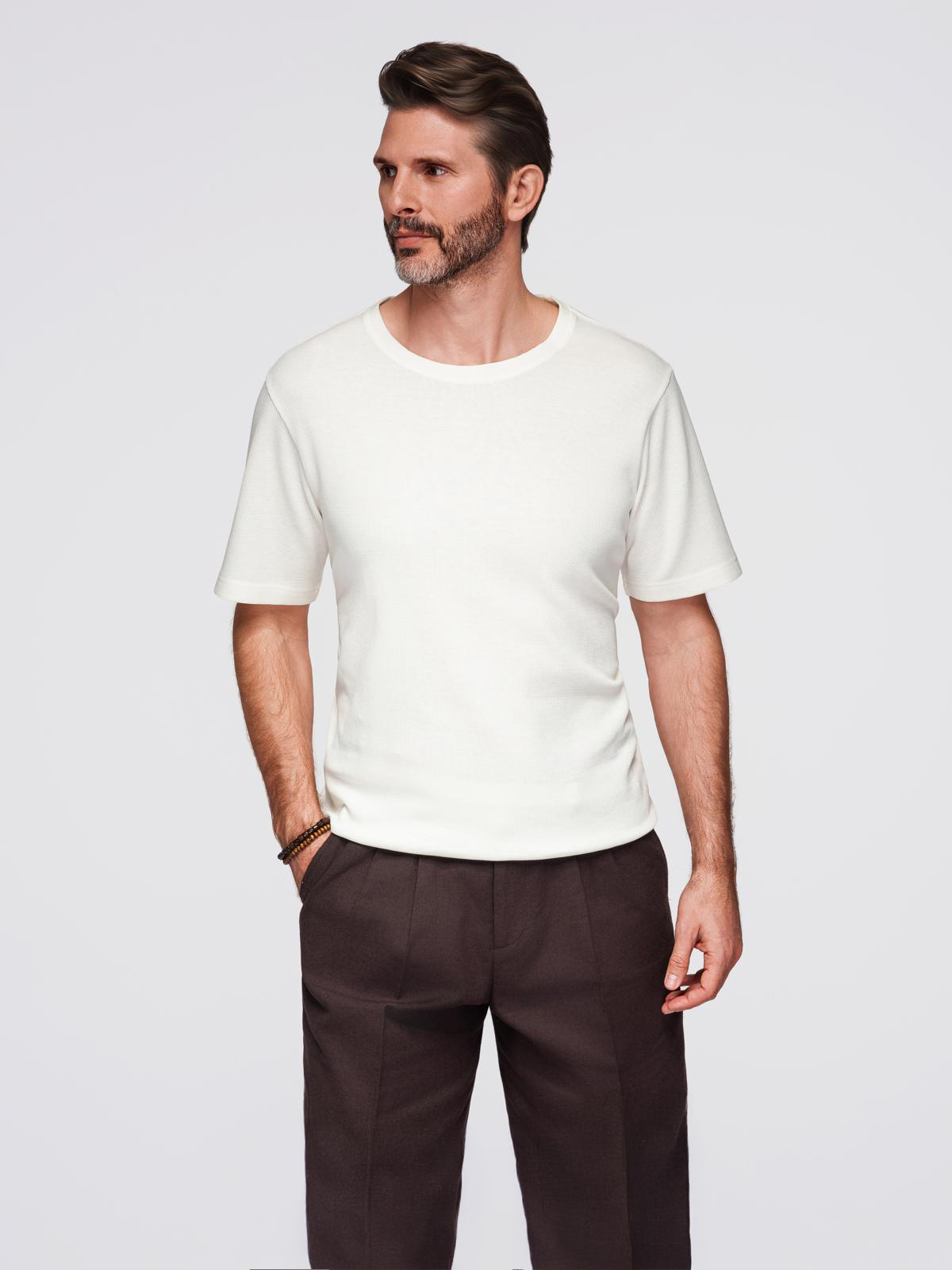 Ombre Men's waffle-textured T-shirt with round neckline - broken white