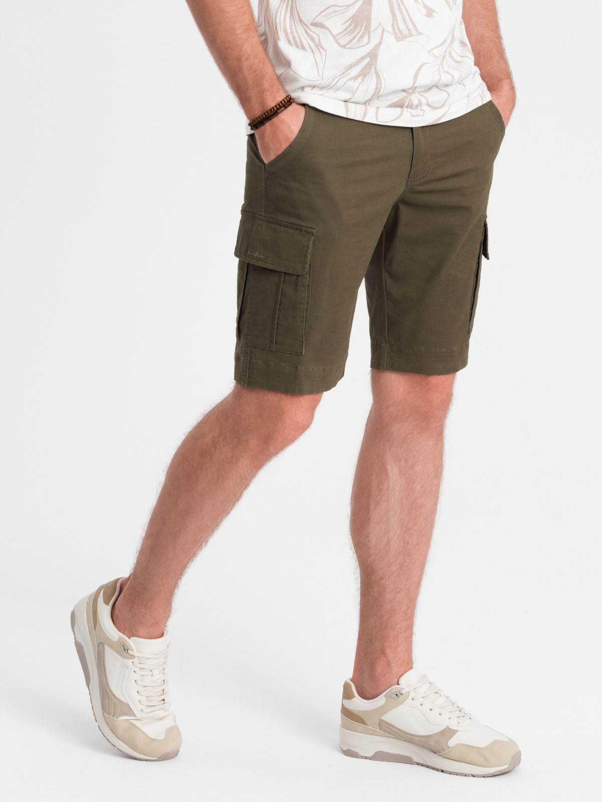 Ombre One-color men's shorts with cargo pockets - dark olive