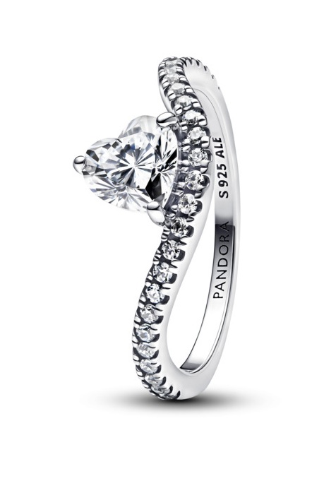 Pandora Stříbrný vlnitý prsten Srdce se zirkony Timeless 193661C01 50 mm