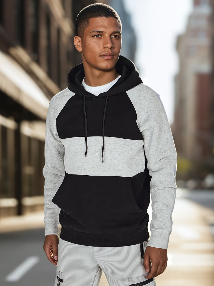 Pánská mikina s kapucí v šedo-černých pruzích