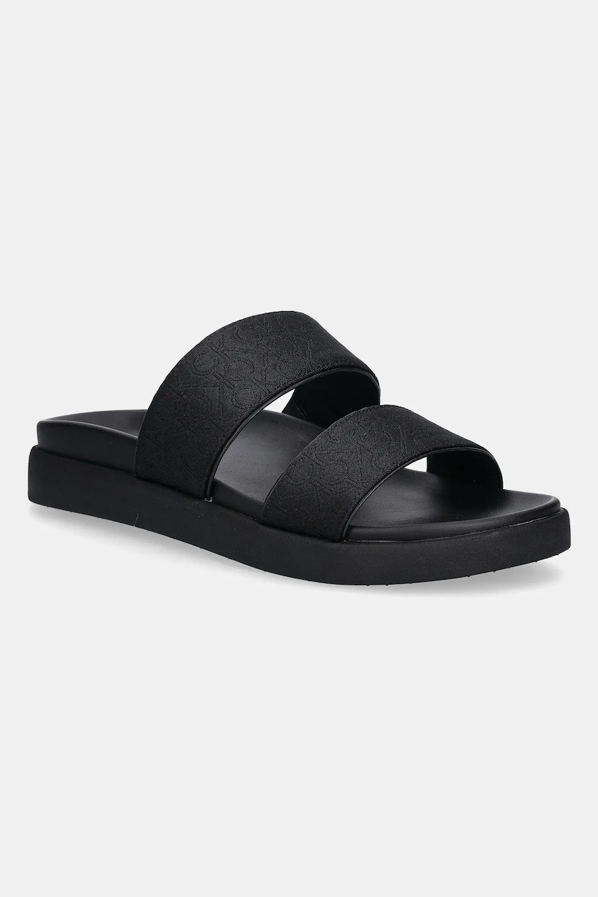 Pantofle Calvin Klein FLAT SLIDE - JACQ dámské, černá barva, na platformě, HW0HW02486