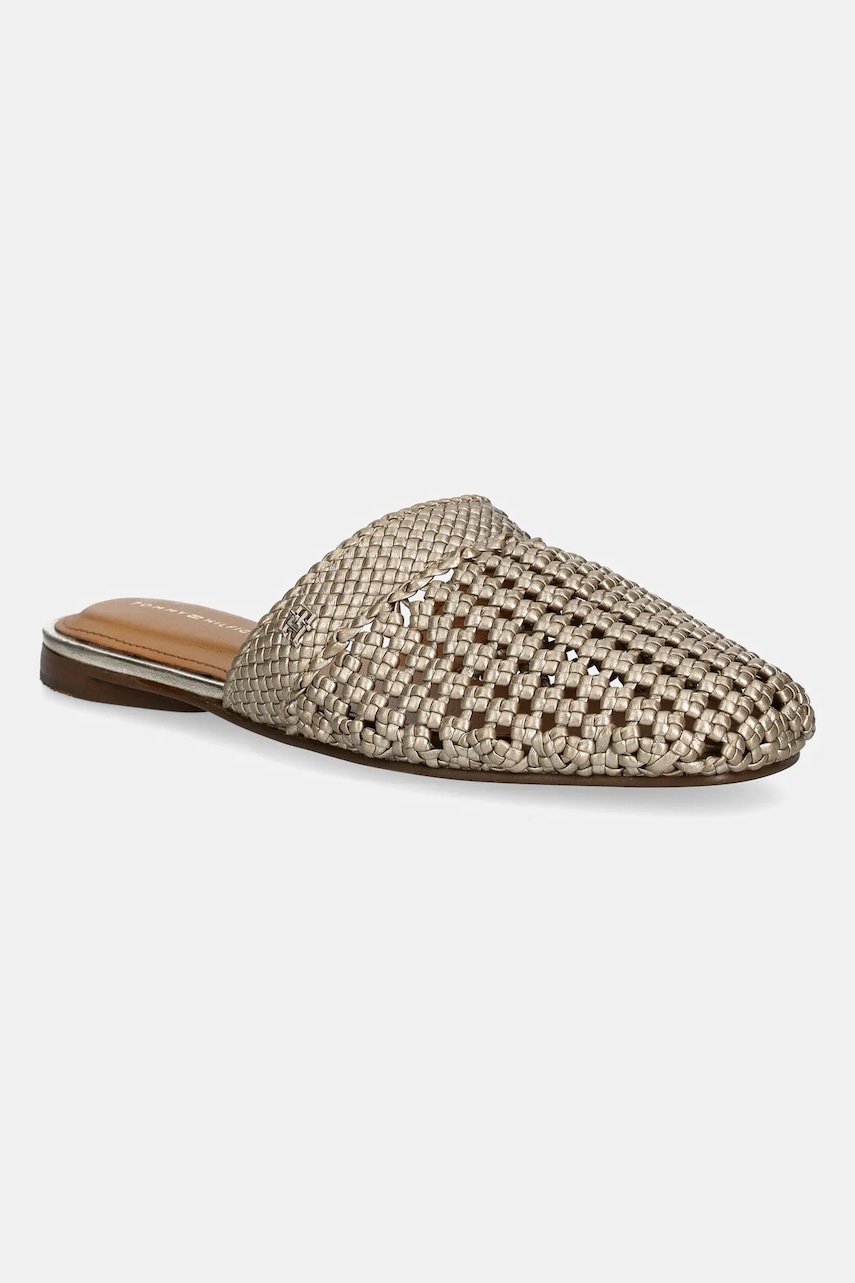 Pantofle Tommy Hilfiger CROCHET METALLIC LEATHER MULE dámské, zlatá barva, FW0FW08606