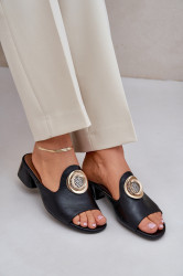 PE2 Elegantní Dámské Pantofle Na Nízkém Podpatku S Ozdobou Černé Feledis