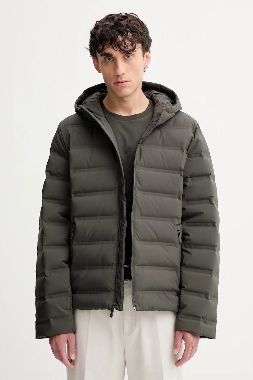 Péřová bunda Calvin Klein zelená barva, přechodná, LV04LD521G