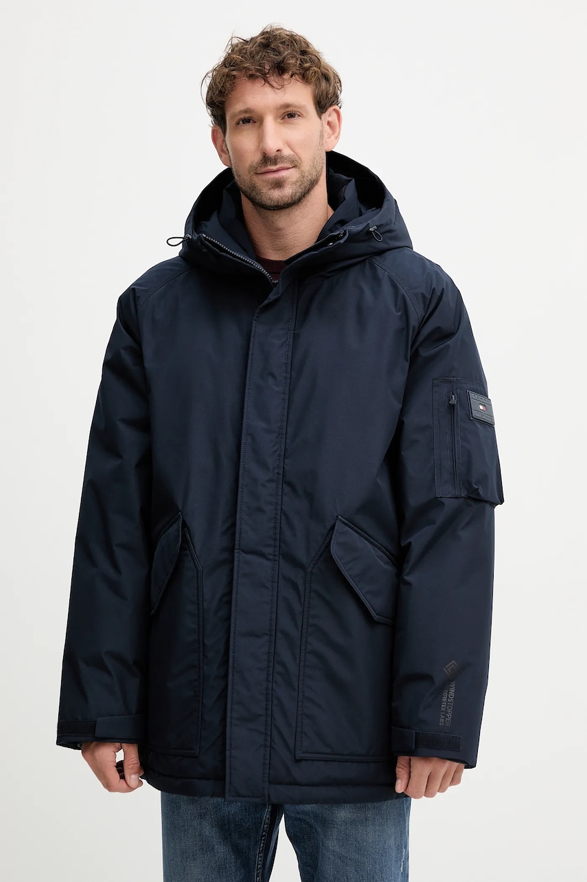 Péřová bunda Tommy Hilfiger tmavomodrá barva, zimní, MW0MW40627