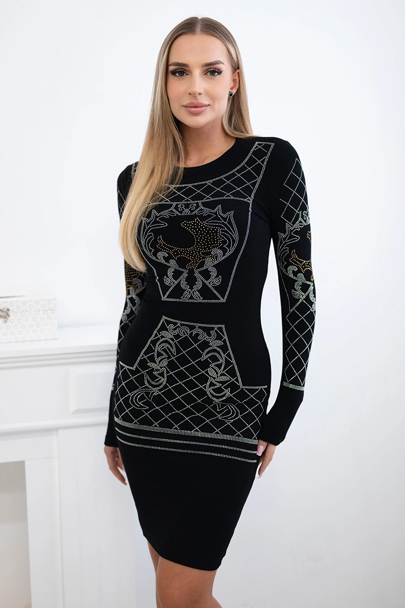 Pletené šaty se zlatým a stříbrným vzorem kubických zirkonů černé barvy