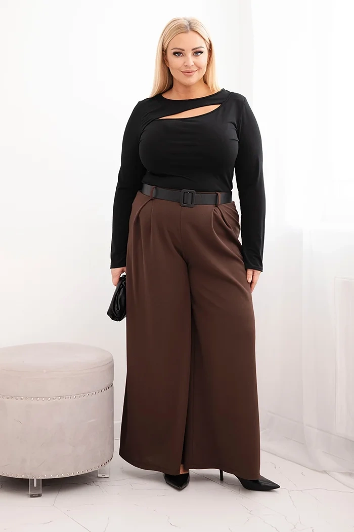 Plus size kalhoty s páskem, hnědé