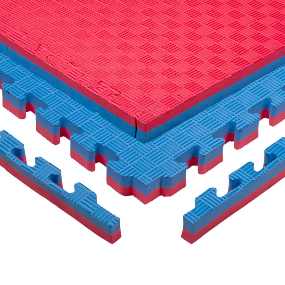 Puzzle tatami podložka inSPORTline Malmeida 100x100x4 cm červeno-modrá, vzor 5 proužků