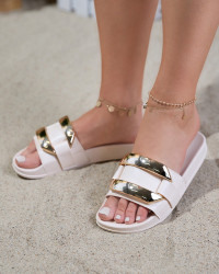 Resti Women's beige slippers with golden Serina ornament - Footwear