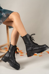 Riccon Black Women's Zippered Combat Boots 0012299